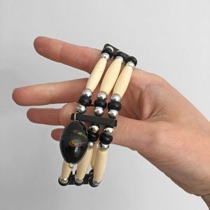 90s CHOKER Necklace, Handmade from Leather Bone Glass & Wood, Clearance